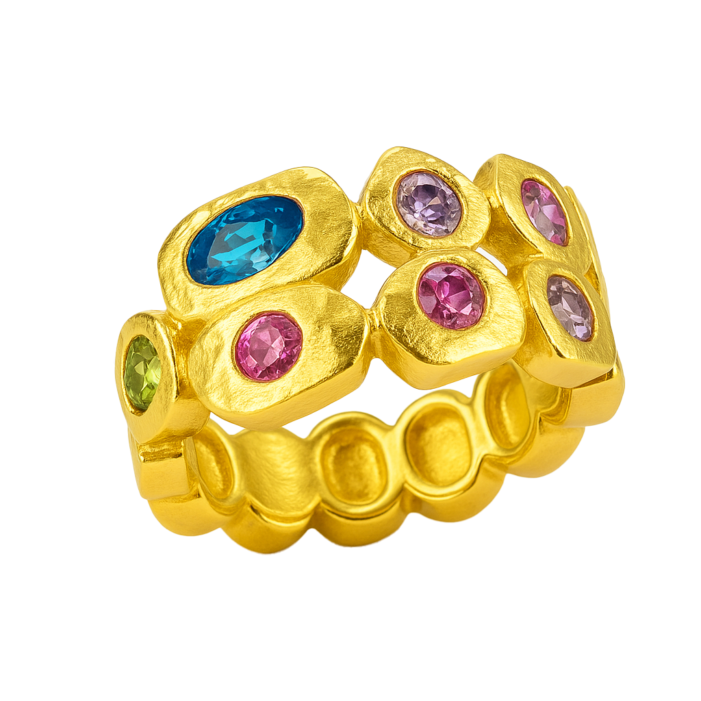 Gold ring with multicolored gemstones on a white background
