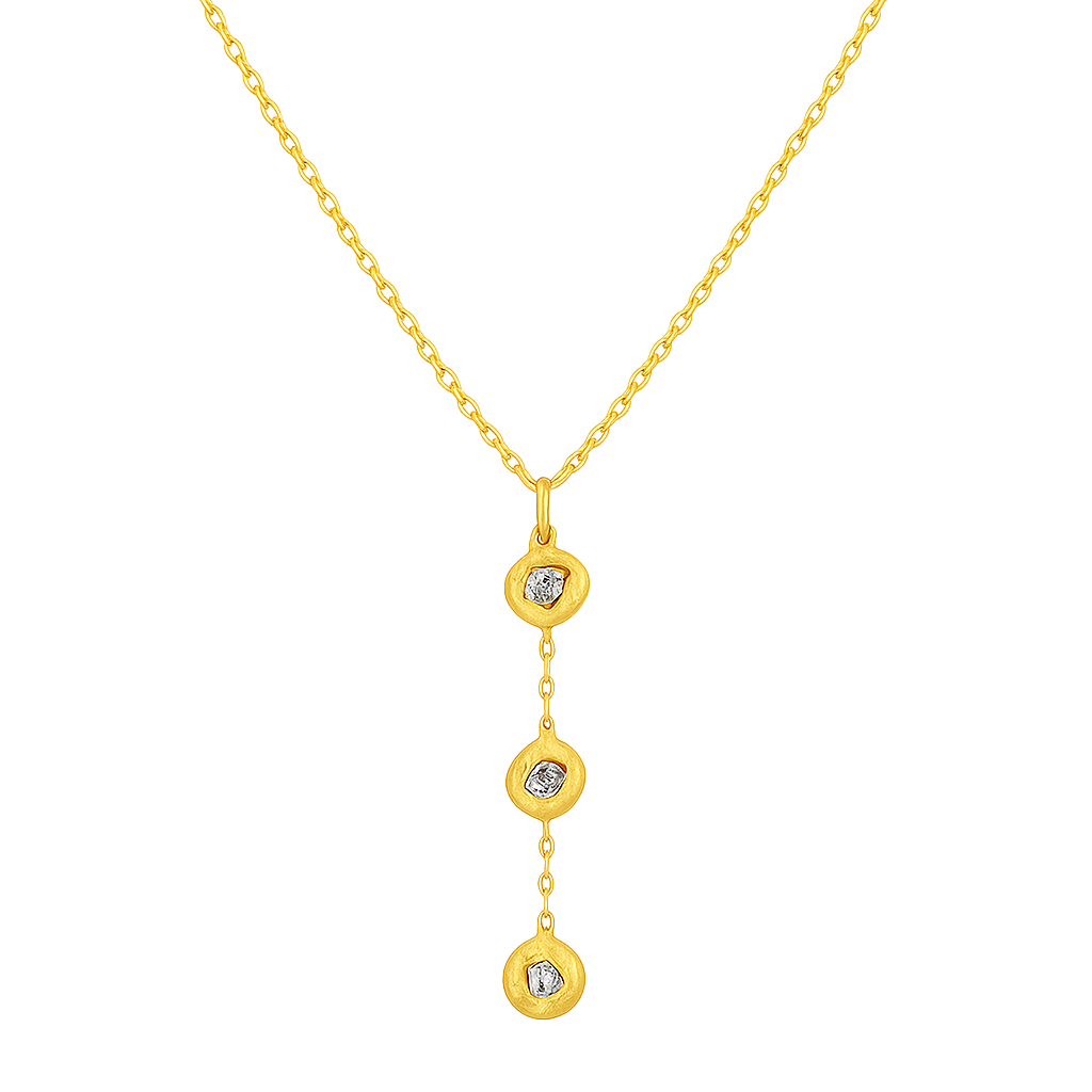 Gold necklace with three heart-shaped pendants on a white background
