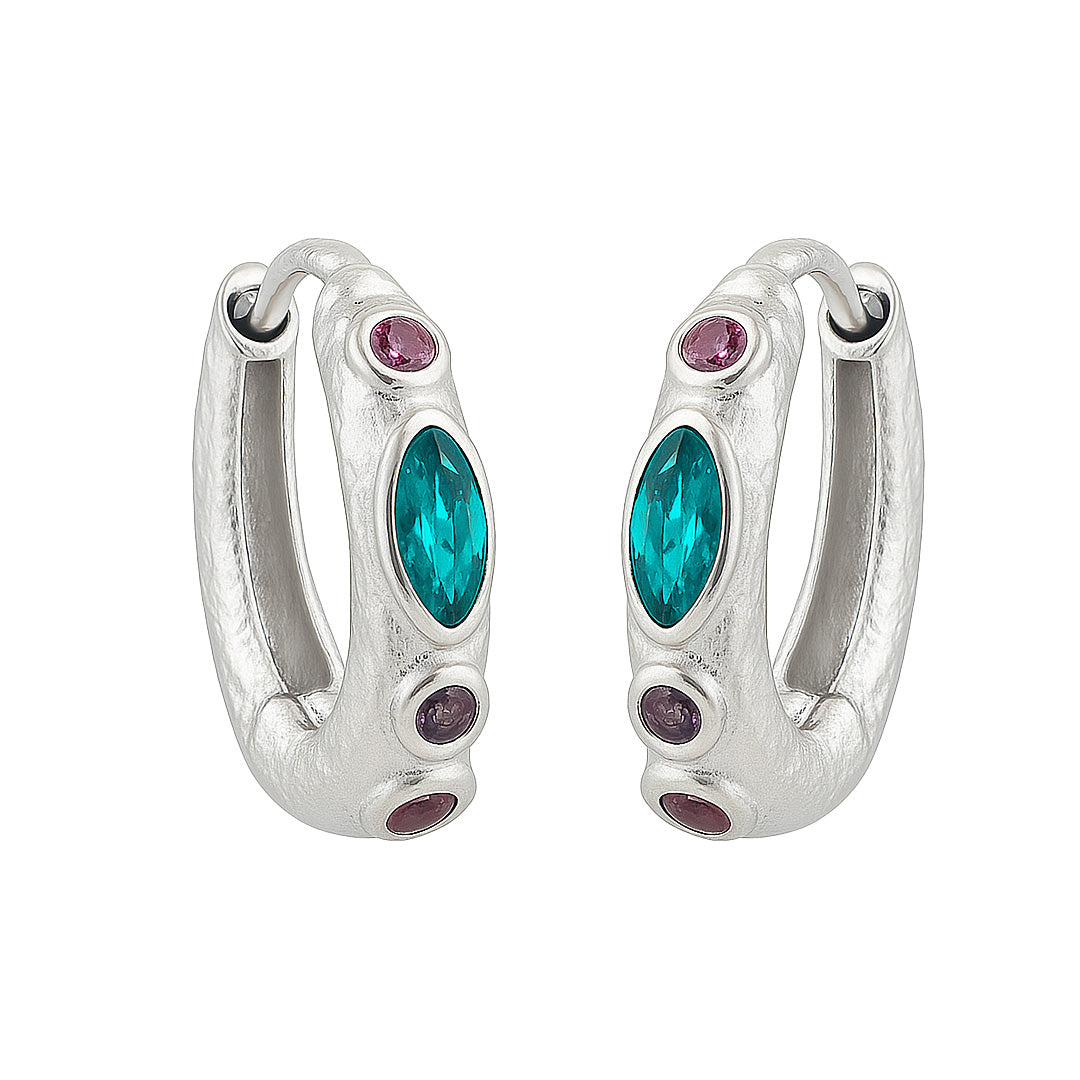 Silver hoop earrings with green and pink gemstones on a white background