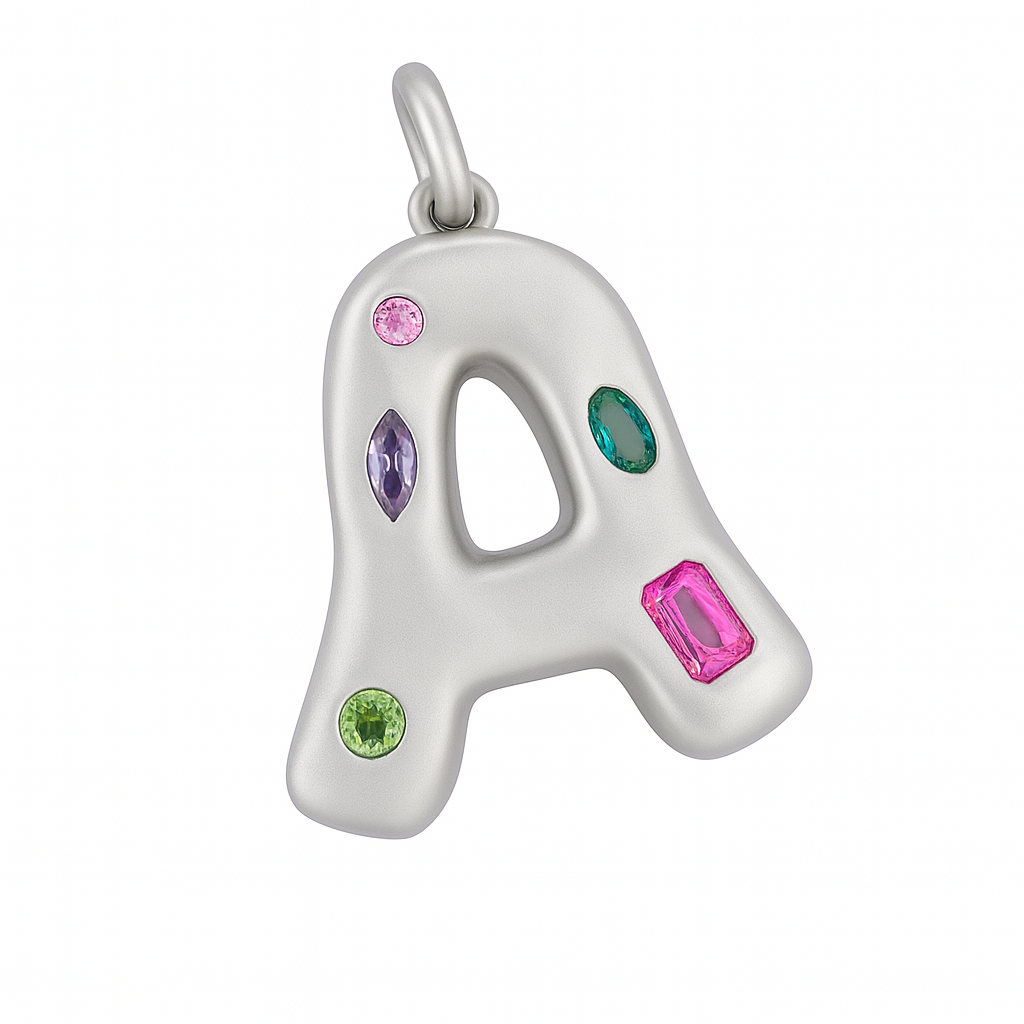Silver pendant shaped like the letter 'A' with colorful gemstones on a white background