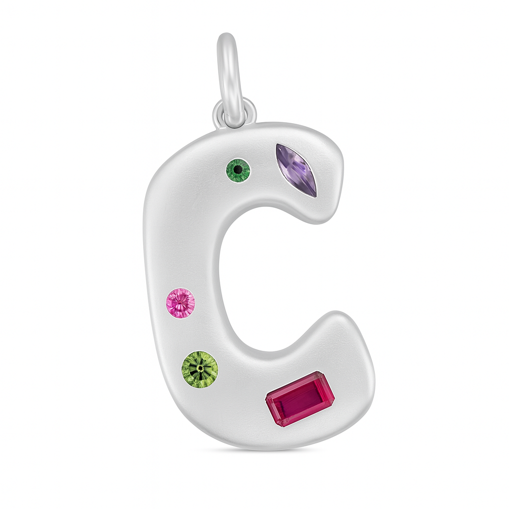 Silver letter 'C' pendant with colorful gemstones on a white background