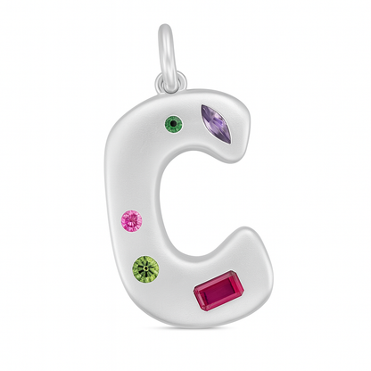 Silver letter 'C' pendant with colorful gemstones on a white background