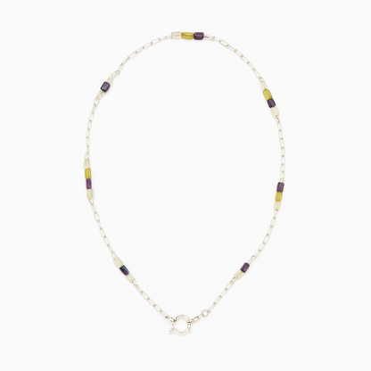 Necklace with multicolored beads on a white background