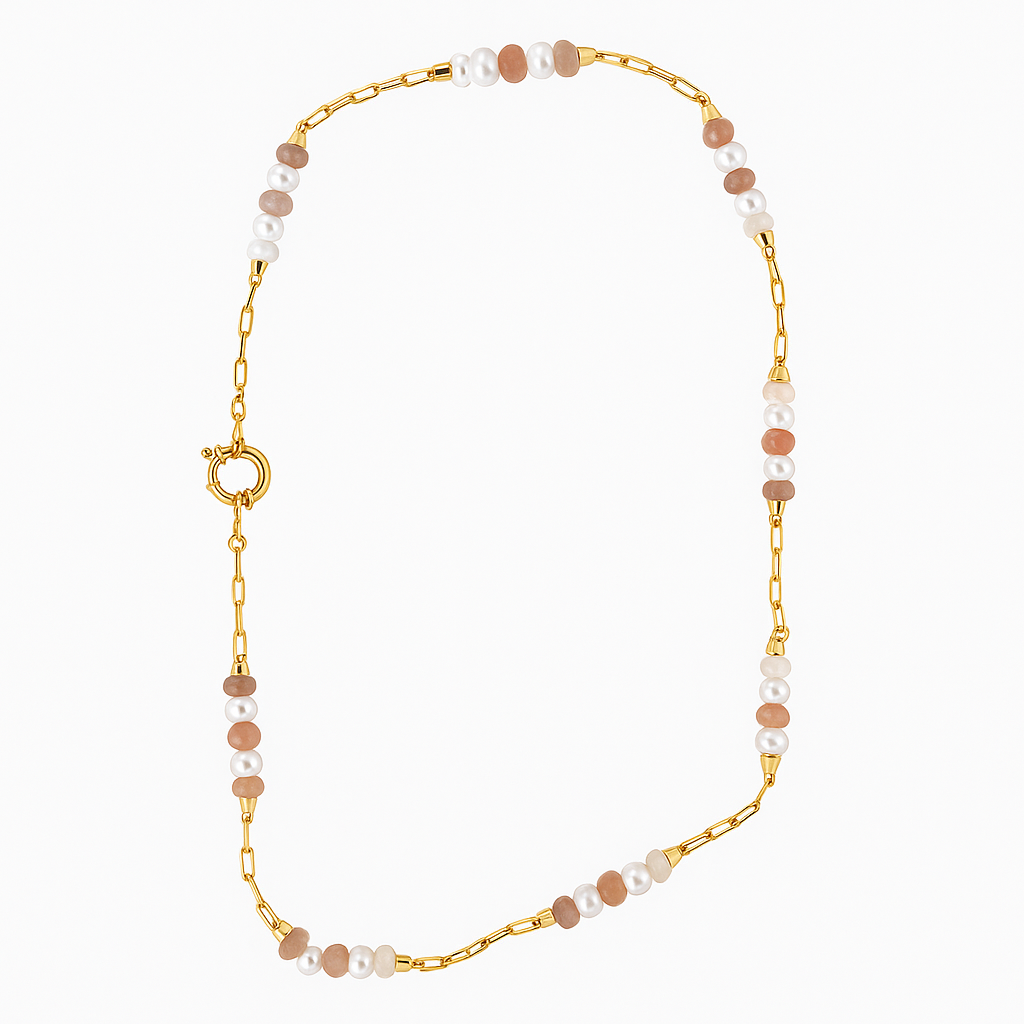 Necklace with gold chain and multicolored beads on a white background