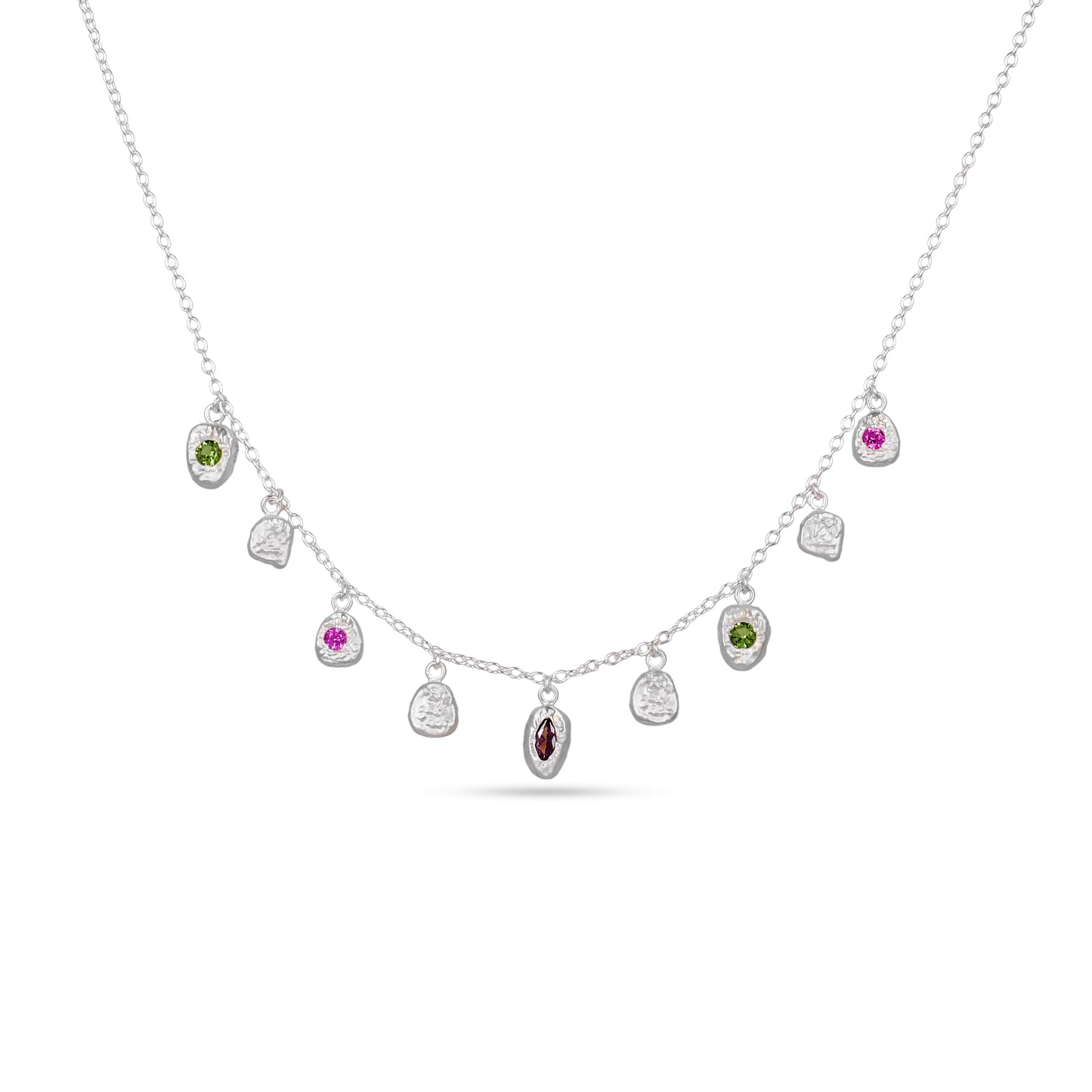 Necklace with various gemstones on a white background