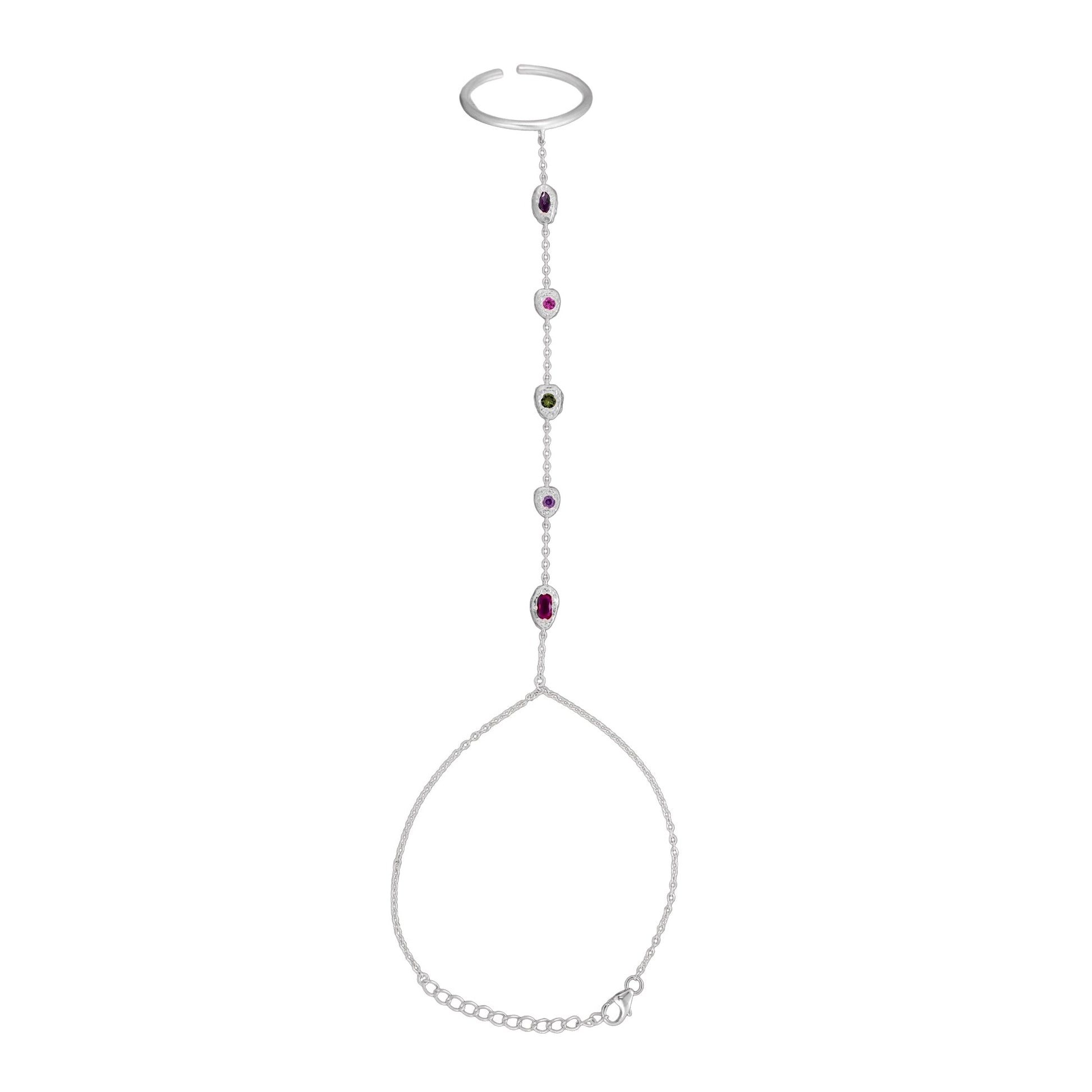 Silver hand harness with gemstone pendants on a white background