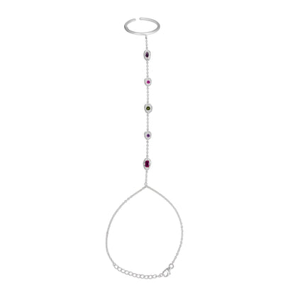 Silver hand harness with gemstone pendants on a white background