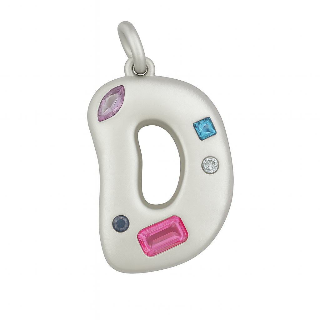 Silver D shaped pendant with colorful gemstones on a white background