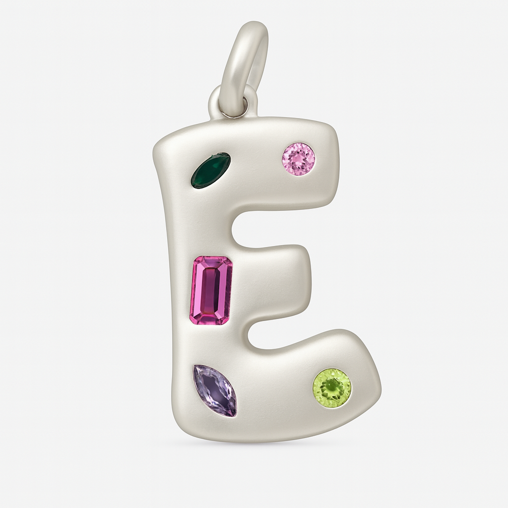 Silver pendant shaped like the letter 'E' with colorful gemstones on a white background