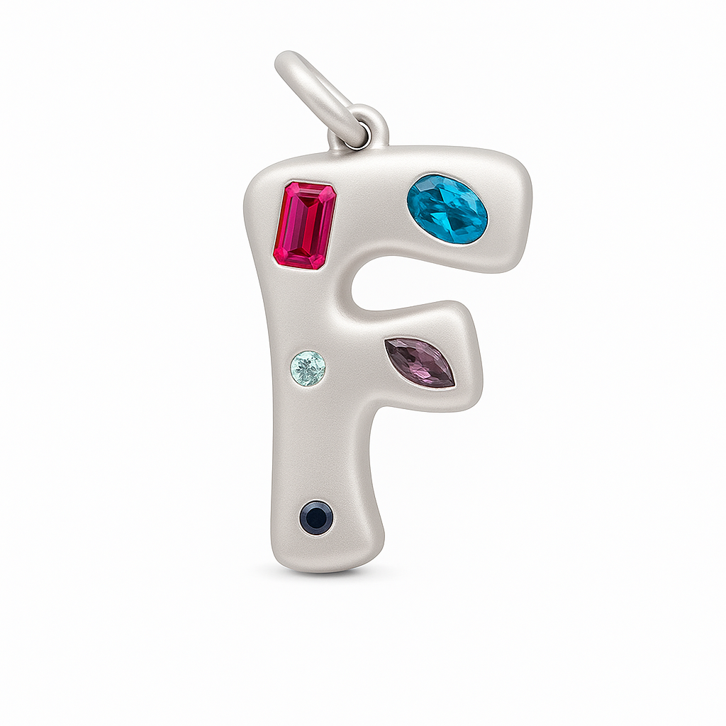 Letter 'F' pendant with colorful gemstones on a white background