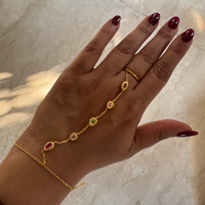 Hand wearing a gold bracelet and ring with gemstones on a neutral background