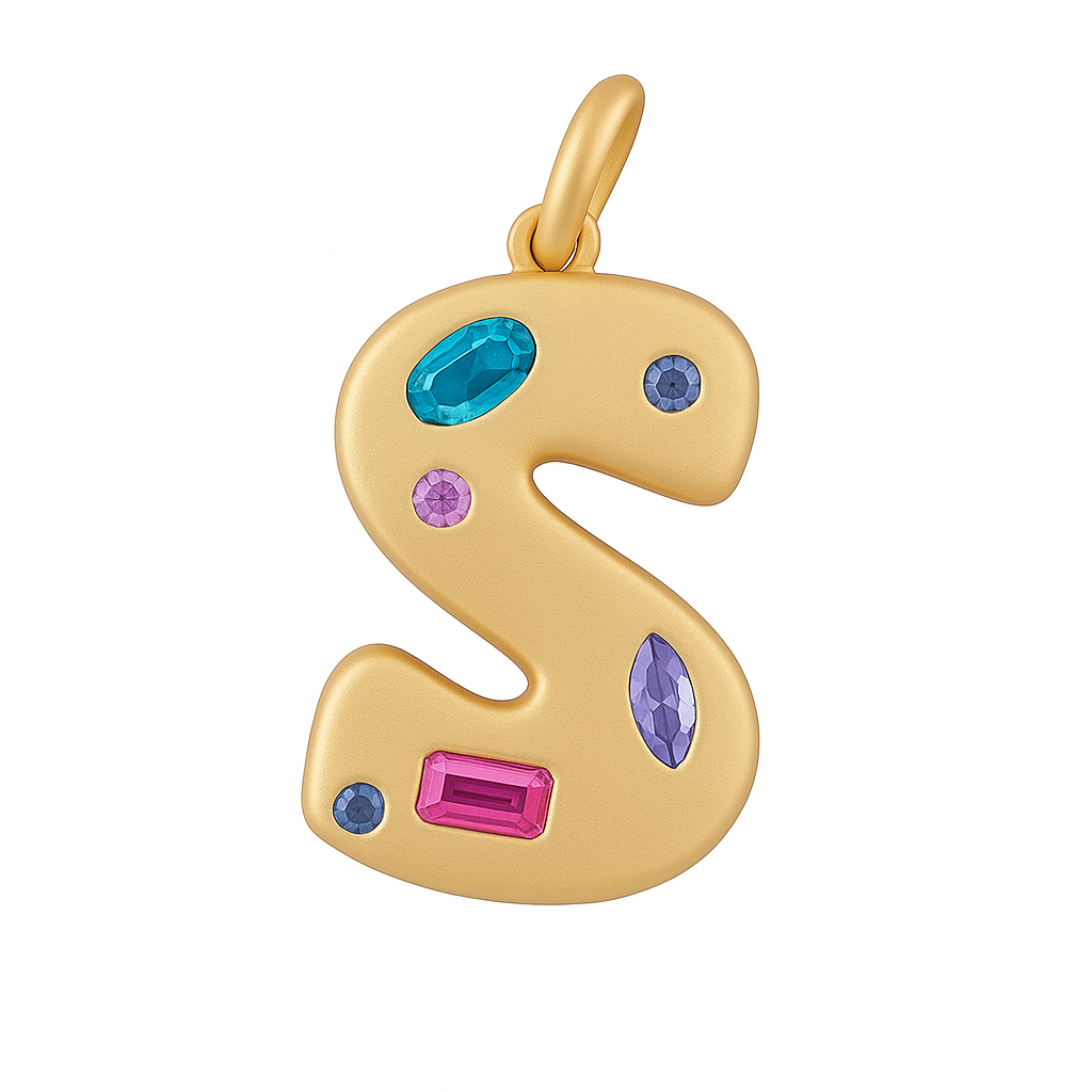 Gold letter 'S' pendant with colorful gemstones on a white background