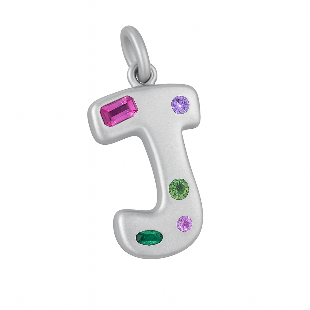 Silver pendant with colorful gemstones on a white background