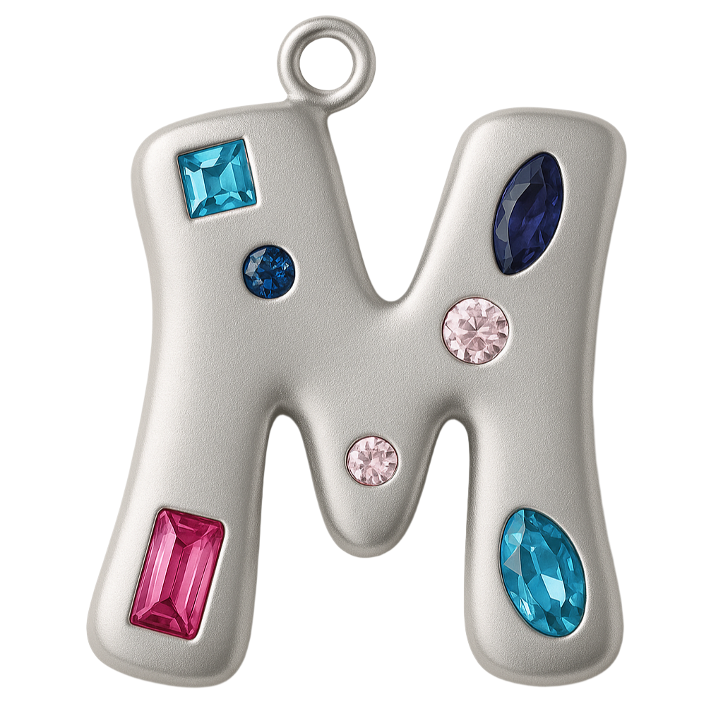 Silver letter 'M' pendant with colorful gemstones on a white background