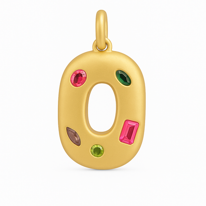 Gold pendant shaped like the number '0' with colorful gemstones on a white background