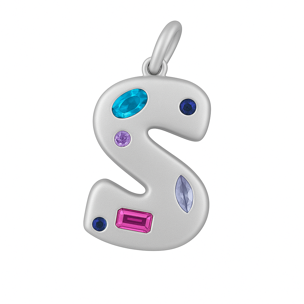 Silver letter 'S' pendant with colorful gemstones on a white background