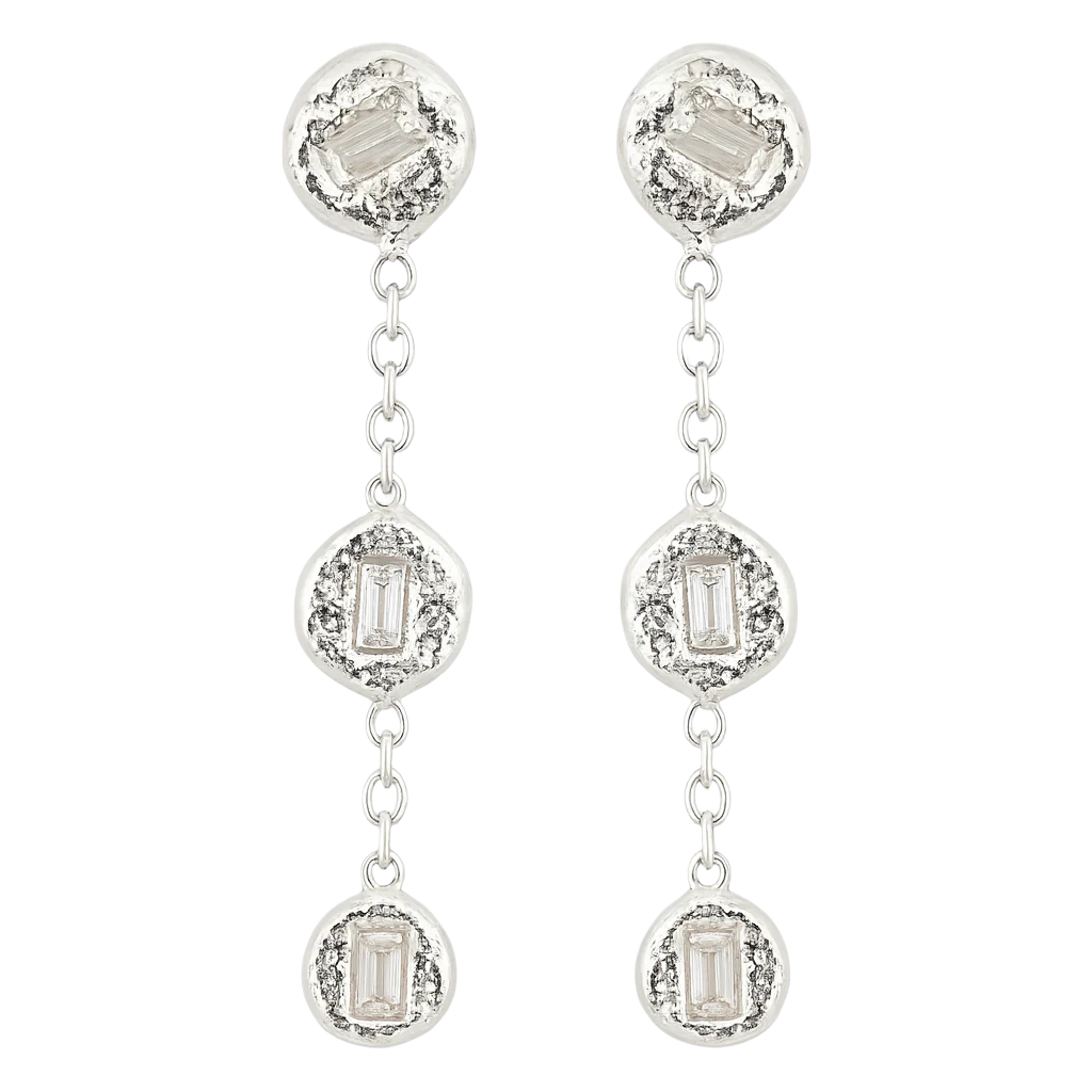 Silver earrings with gemstones on a white background