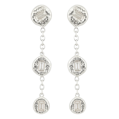 Silver earrings with gemstones on a white background