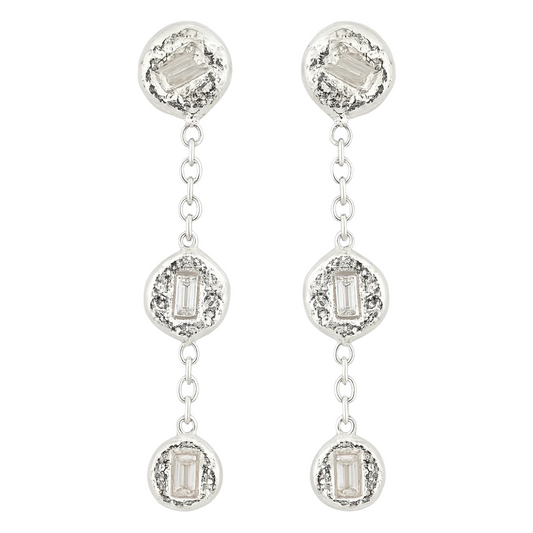 Silver earrings with gemstones on a white background
