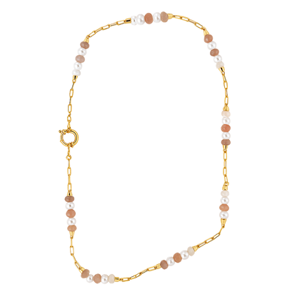 Necklace with gold chain and beads on a white background