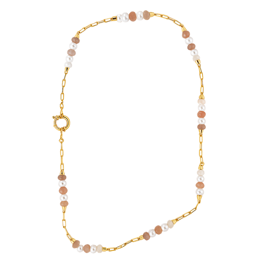 Necklace with gold chain and beads on a white background