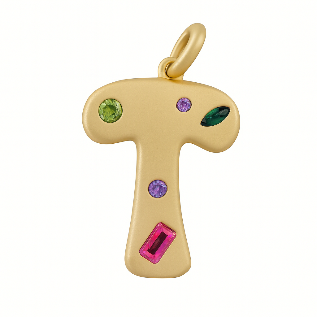 Gold pendant with colorful gemstones on a white background