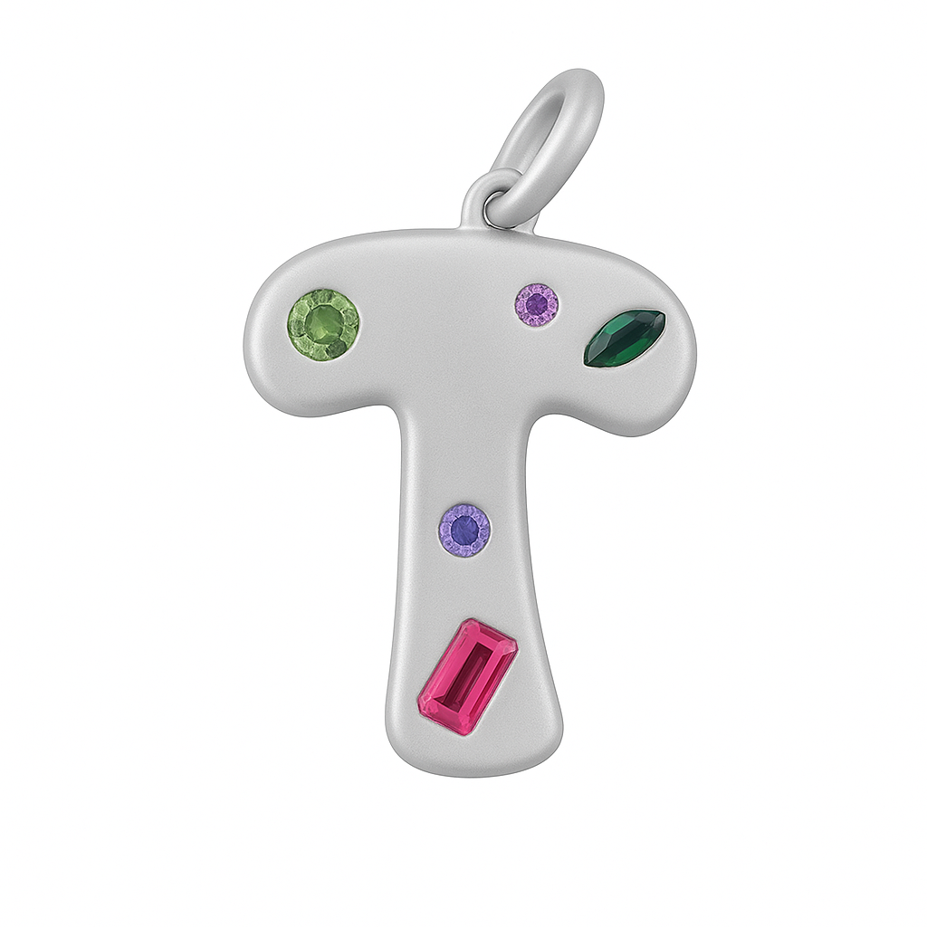 Silver T shaped pendant with colorful gemstones on a white background