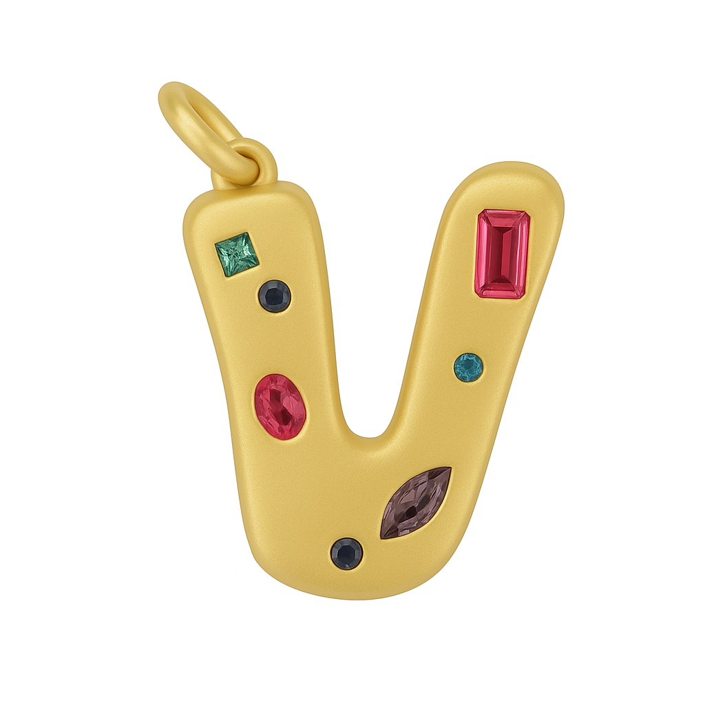 Gold letter 'V' pendant with colorful gemstones on a white background