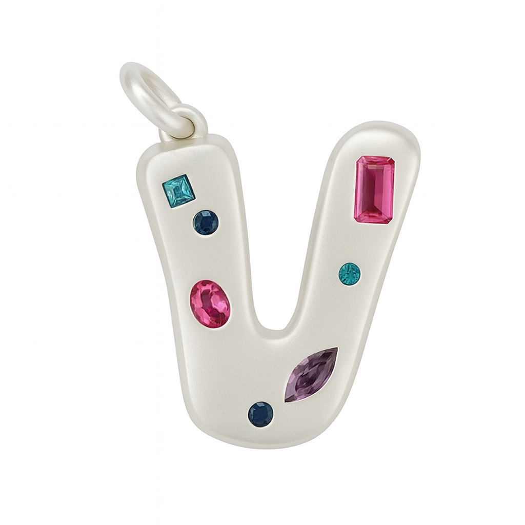 Letter 'V' pendant with colorful gemstones on a white background