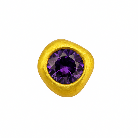 Gold earring with a purple gemstone on a white background