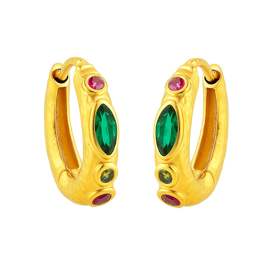 Gold hoop earrings with green and red gemstones on a white background