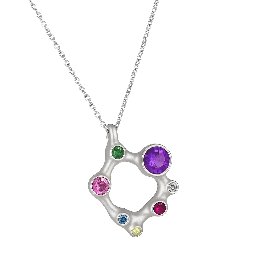 Silver necklace with a circular pendant featuring colorful gemstones on a white background