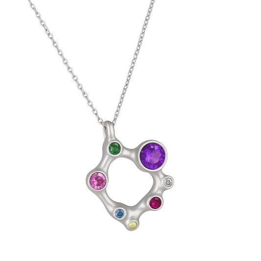 Silver necklace with a circular pendant featuring colorful gemstones on a white background