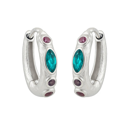 Silver hoop earrings with green and pink gemstones on a white background